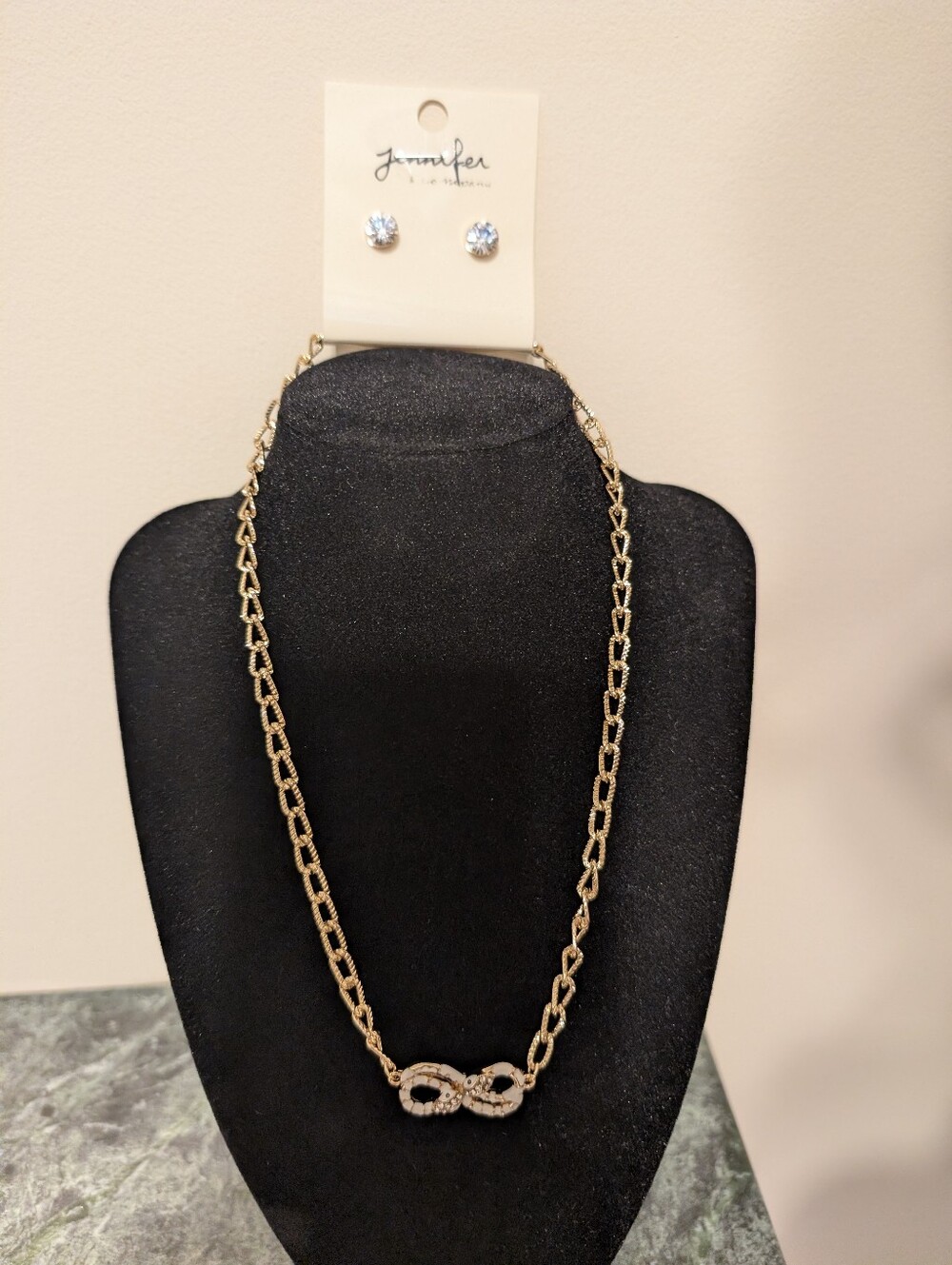 Jennifer& Company Gold Tone Infinity  Necklace And Stud Earrings Set